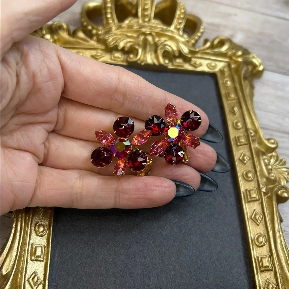 Beau Jewels Vintage Floral Crystal Clip On Earrings
